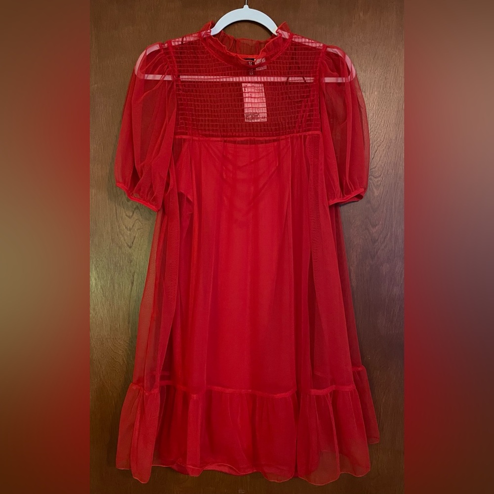 H&M Dividend bright red sheer dress with lining NWT
